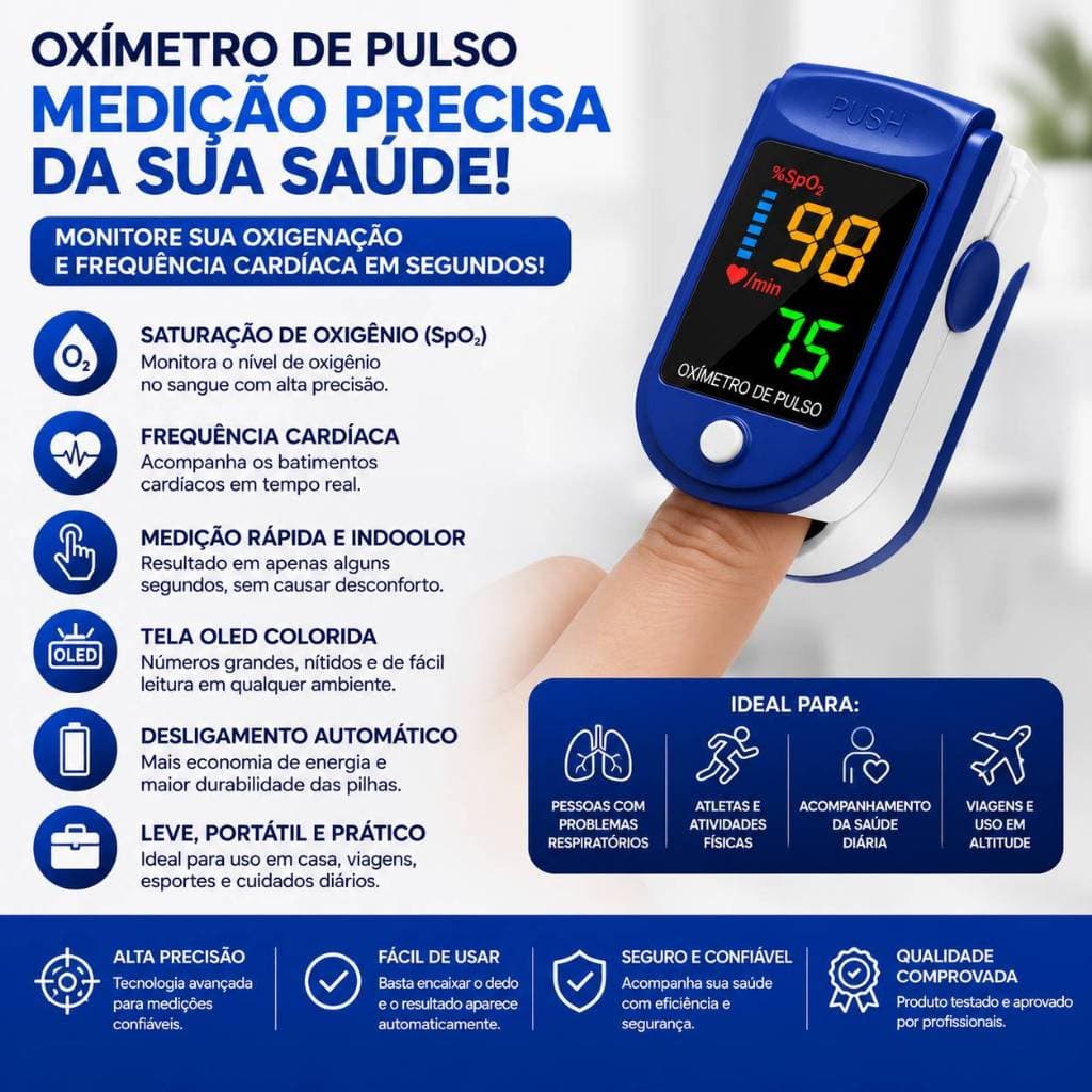 Monitor de Pulso Oxímetro Digital de Dedo Portátil Tela LED Medidor SpO2 Frequência Cardíaca