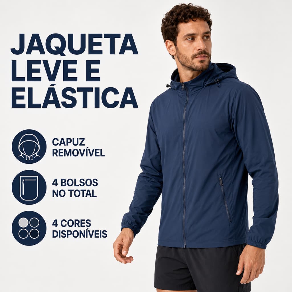 Jaqueta Masculina Esportiva Poliamida com Elastano Capuz Removível Bolsos Caminhada e Ciclismo