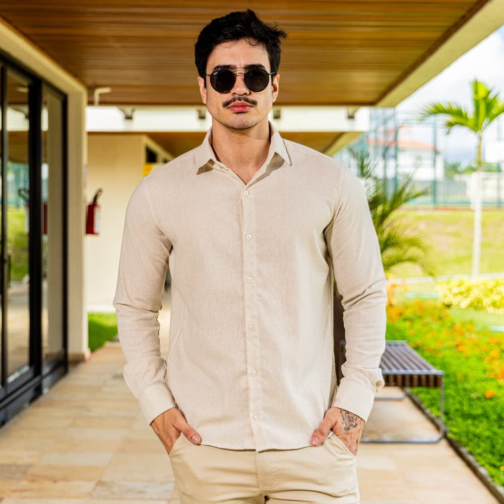 Camisa Social Masculina Manga Longa Slim Fit Linho Casual Misto Executivo