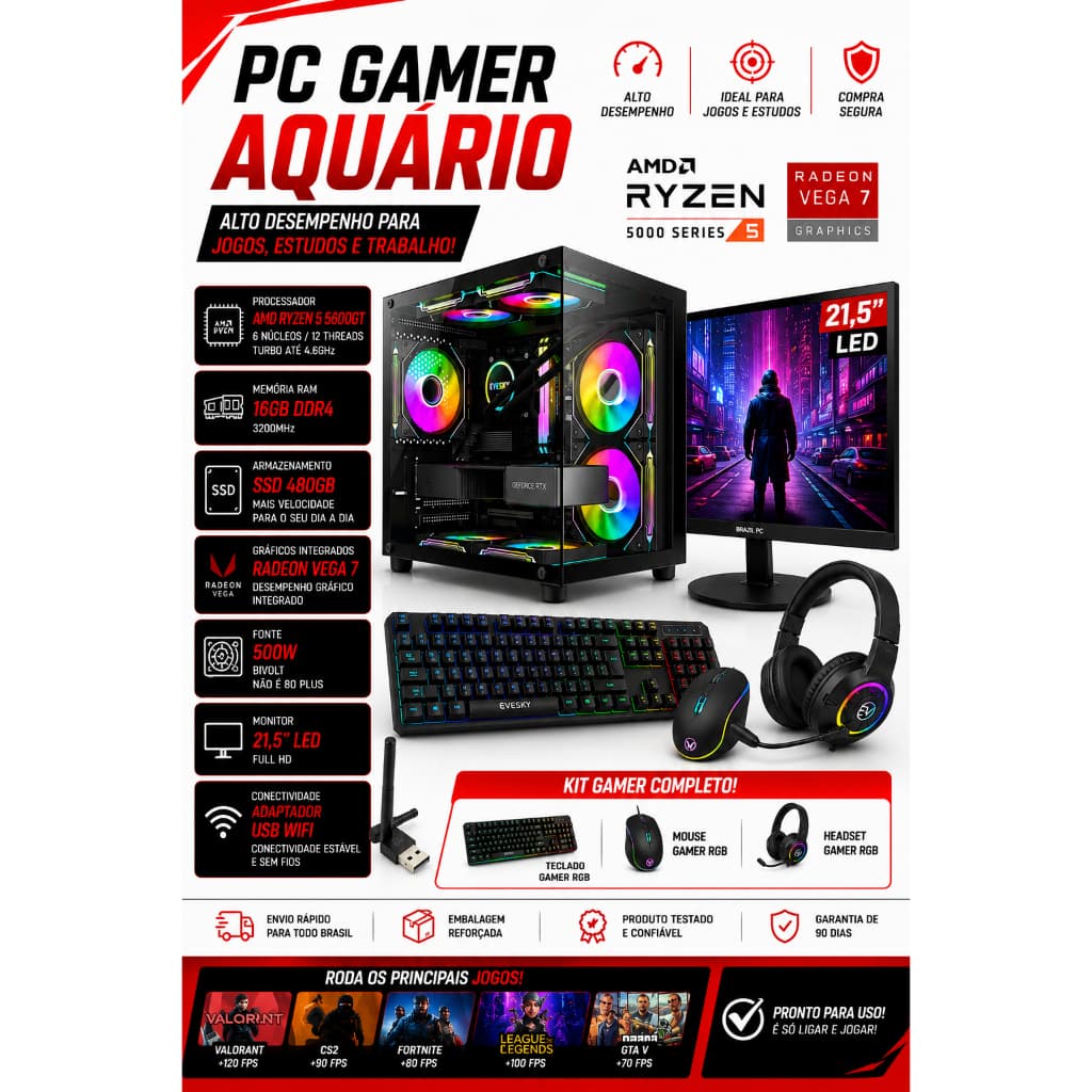 PC GAMER AQUÁRIO AMD RYZEN 5 5600GT - 16GB DDR4 - SSD 480GB - RADEON VEGA 7 - MONITOR 19'' - KIT GAMER RGB