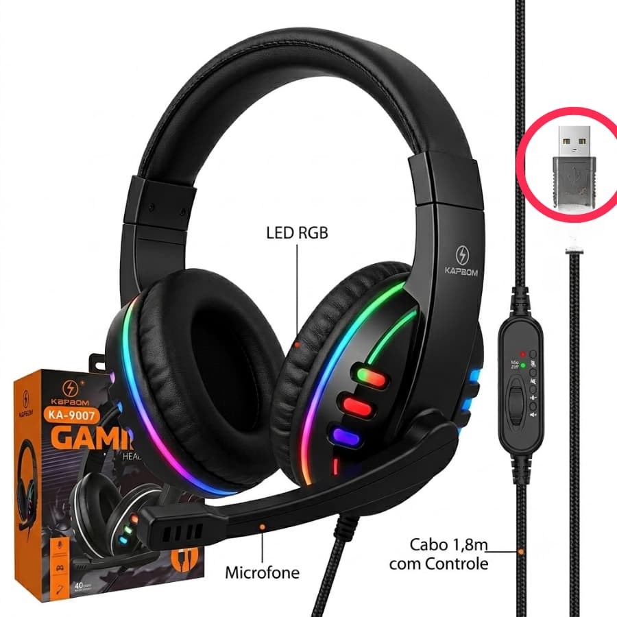 Headset Fone Gamer Kapbom Ka-9007 com Fio Usb Com Luz Led Rgb Cor Preto Computador Notebook