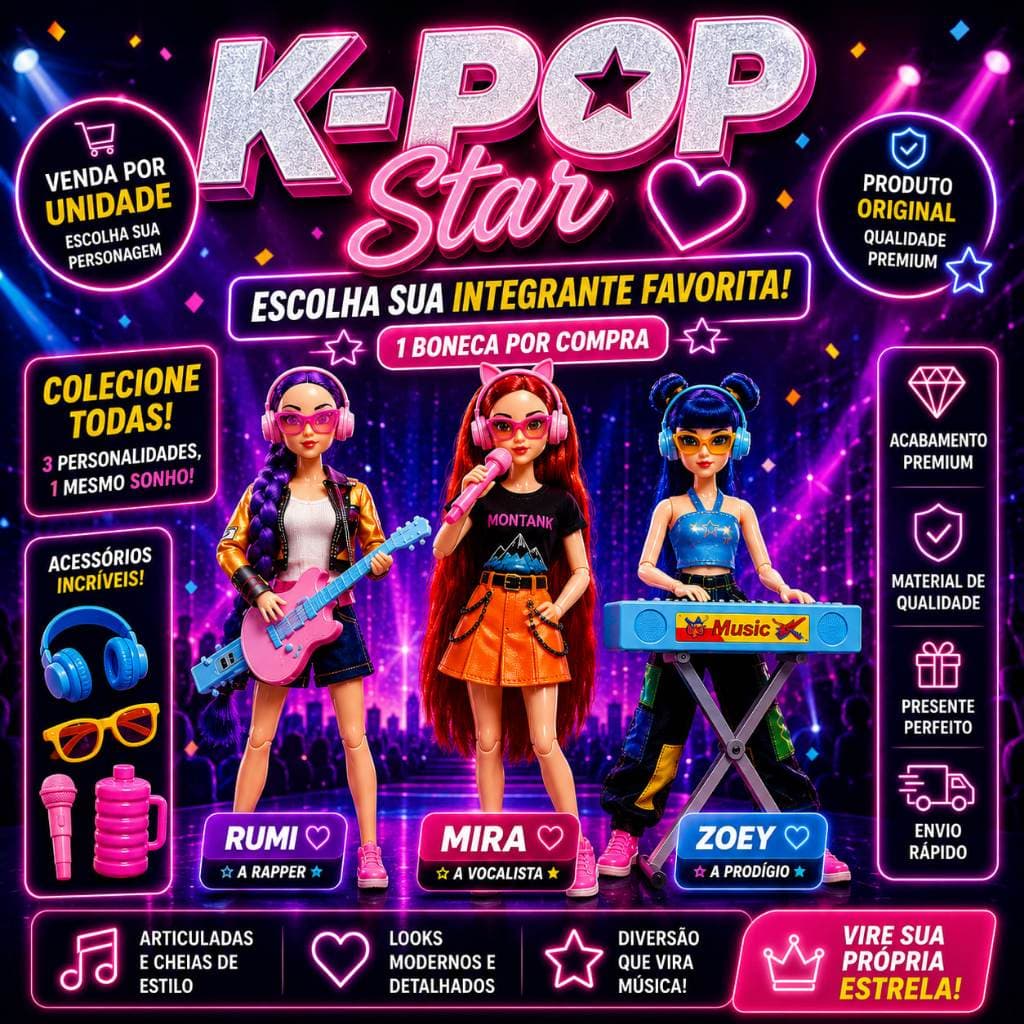 Boneca Guerreira K-Pop Star Articulada 30cm com Acessórios Boneca Musical Fashion Escolha Sua Personagem Brinquedo