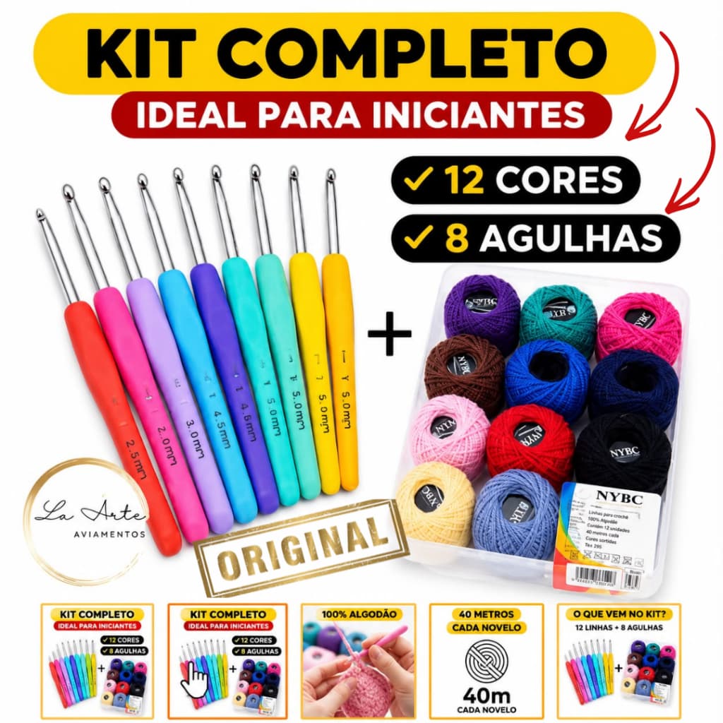 Kit Crochê Completo NYBC + Linhas Coloridas 12 Cores + Agulhas Ergonômicas Profissional Amigurumi Iniciante