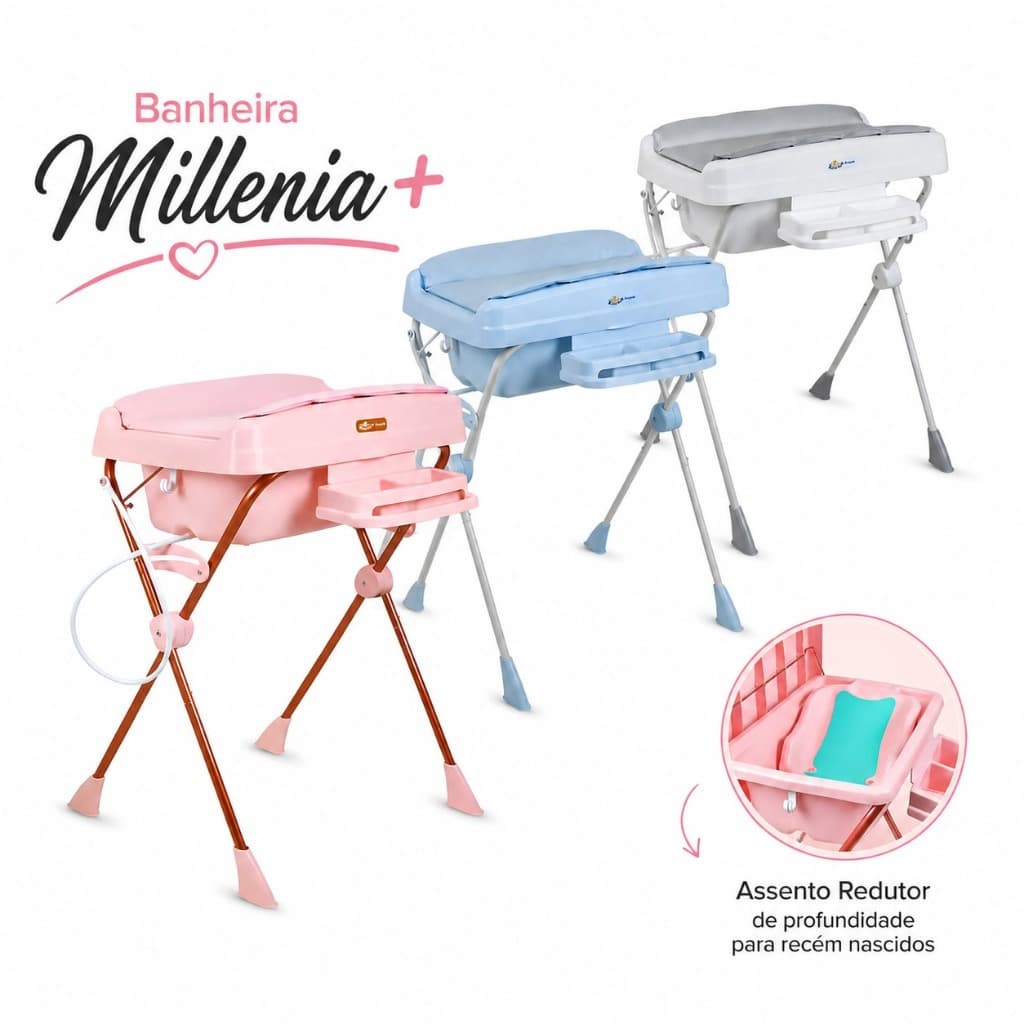 Banheira Burigotto Millenia 2 em 1 com Trocador Assento Redutor Bebê até 20kg Rosa/Azul 2x