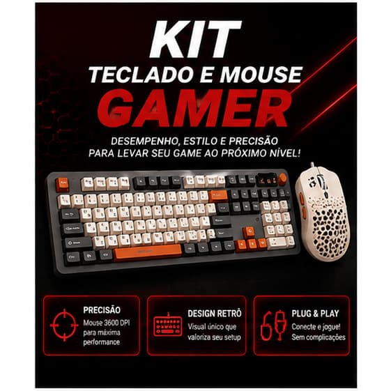 Kit Gamer Teclado e Mouse USB ABNT2 LED RGB Mouse 3600 DPI Gamer Para PC Notebook DELTA K1756