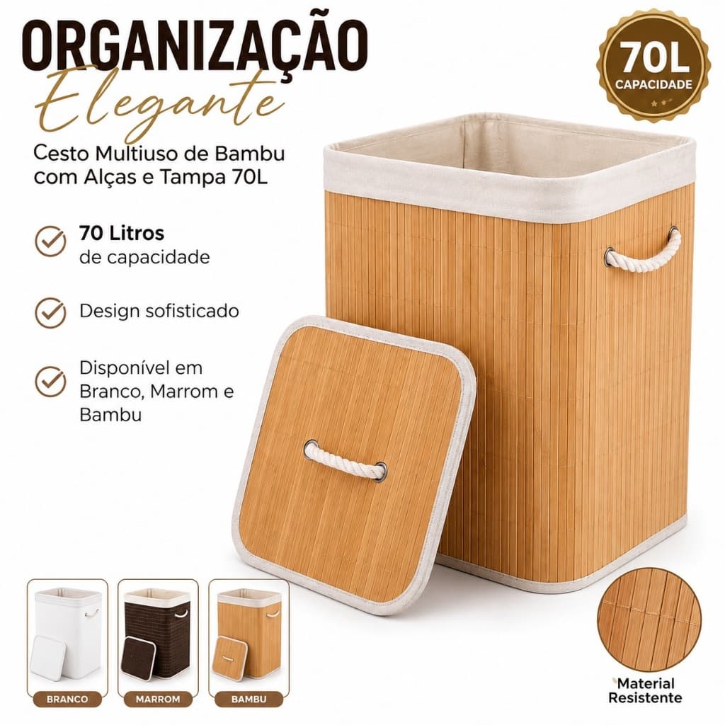 Cesto Multiuso de Bambu 70L com Tampa e Alças Organizador para Lavanderia Quarto e Banheiro