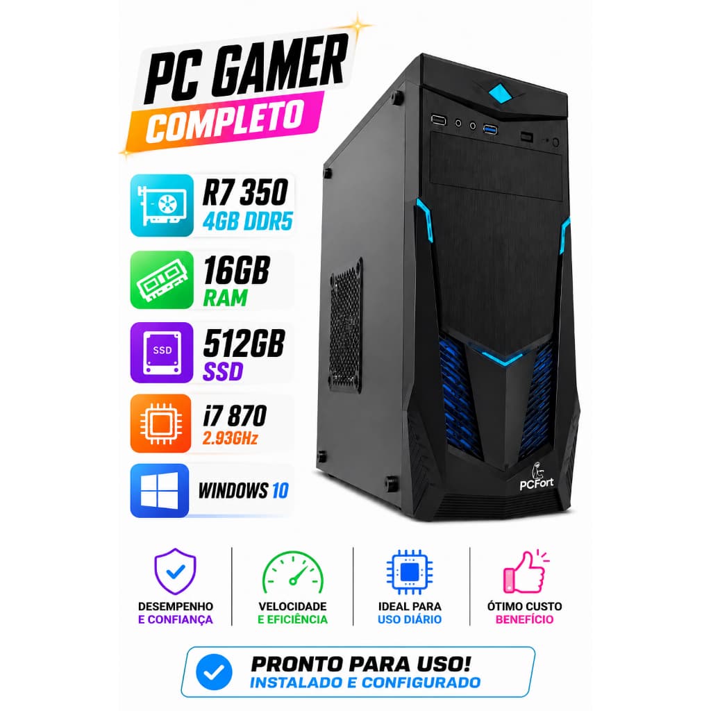 Pc Gamer I7 870 + 512gb SSD + 16gb Ram 1600 + R7 4gb Ddr5
