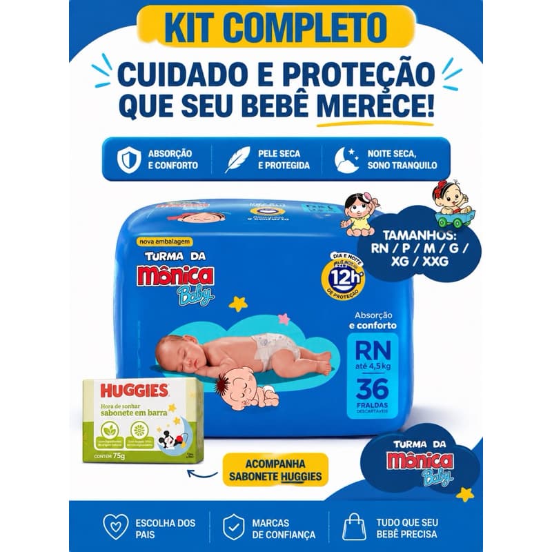 Fralda Descartável + Sabonete | Kit Fraldas RN, P, M, G ou XG Turma da Mônica
