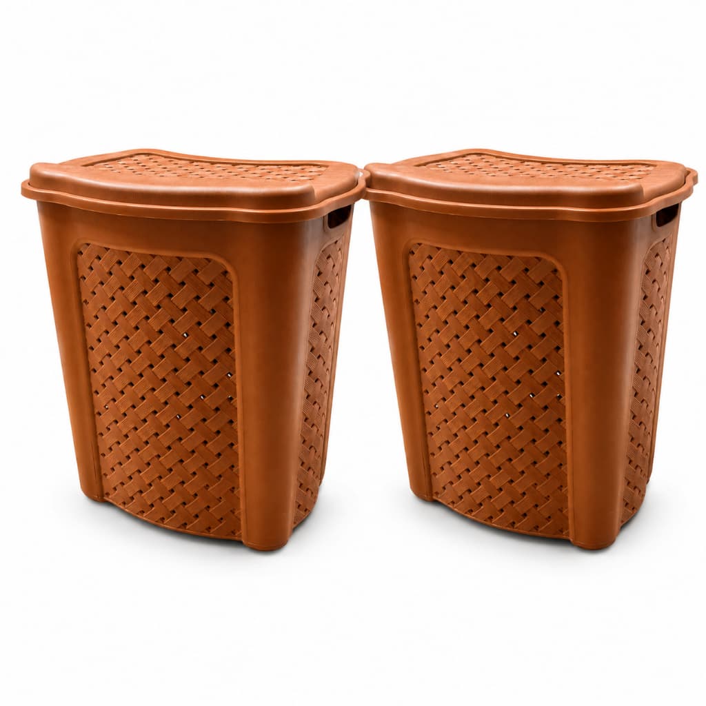 Kit 2 Cesto Organizador de Roupa Suja 45 L Rattan Terracota com Tampa e Alça para Lavanderia Banheiro e Quarto