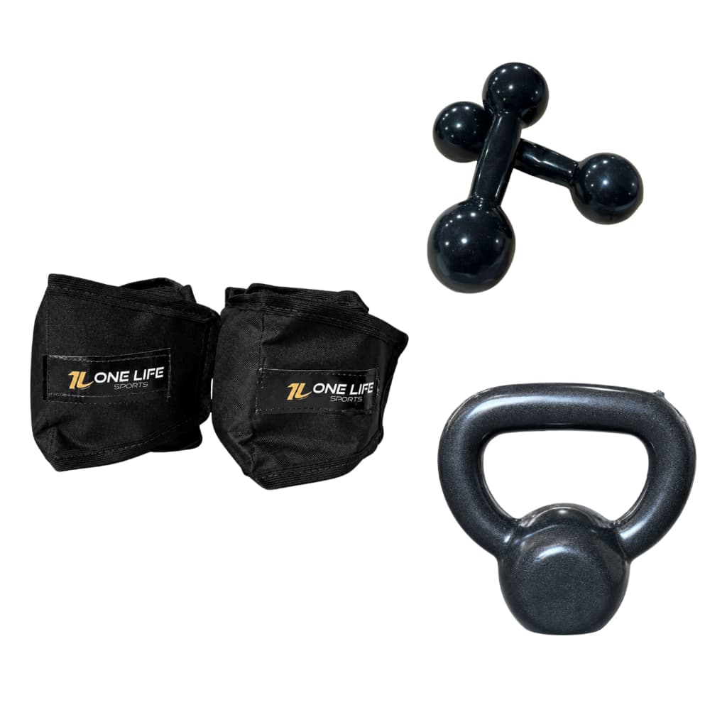 Kit Aeróbico Caneleira 5kg Halter 5kg Kettlebell Emborrachado 6kg Treino Funcional Academia Fitness