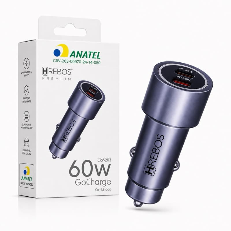 Carregador Veicular Turbo Carro Celular 2x Usb Tipo C 60w