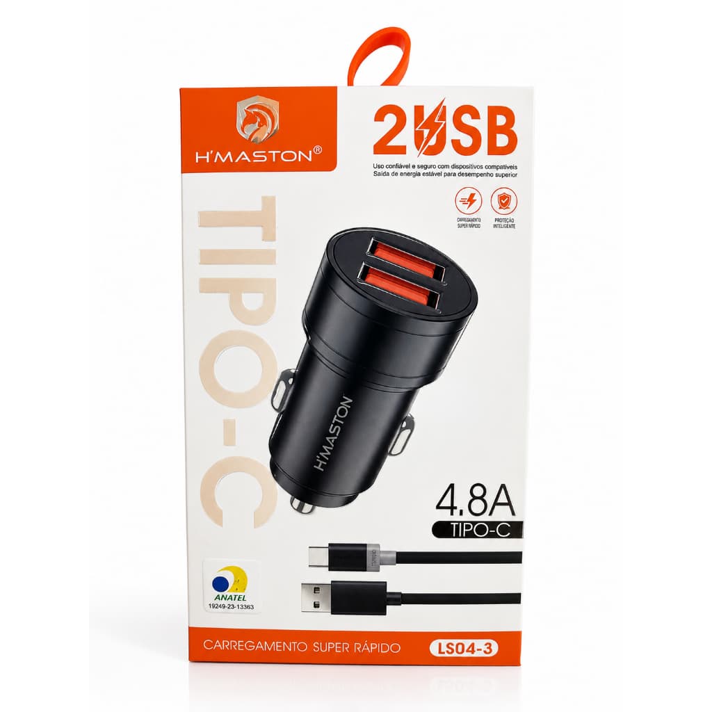 Carregador Veicular Turbo 4.8A 2 USB Carga Rápida Universal +Cabo