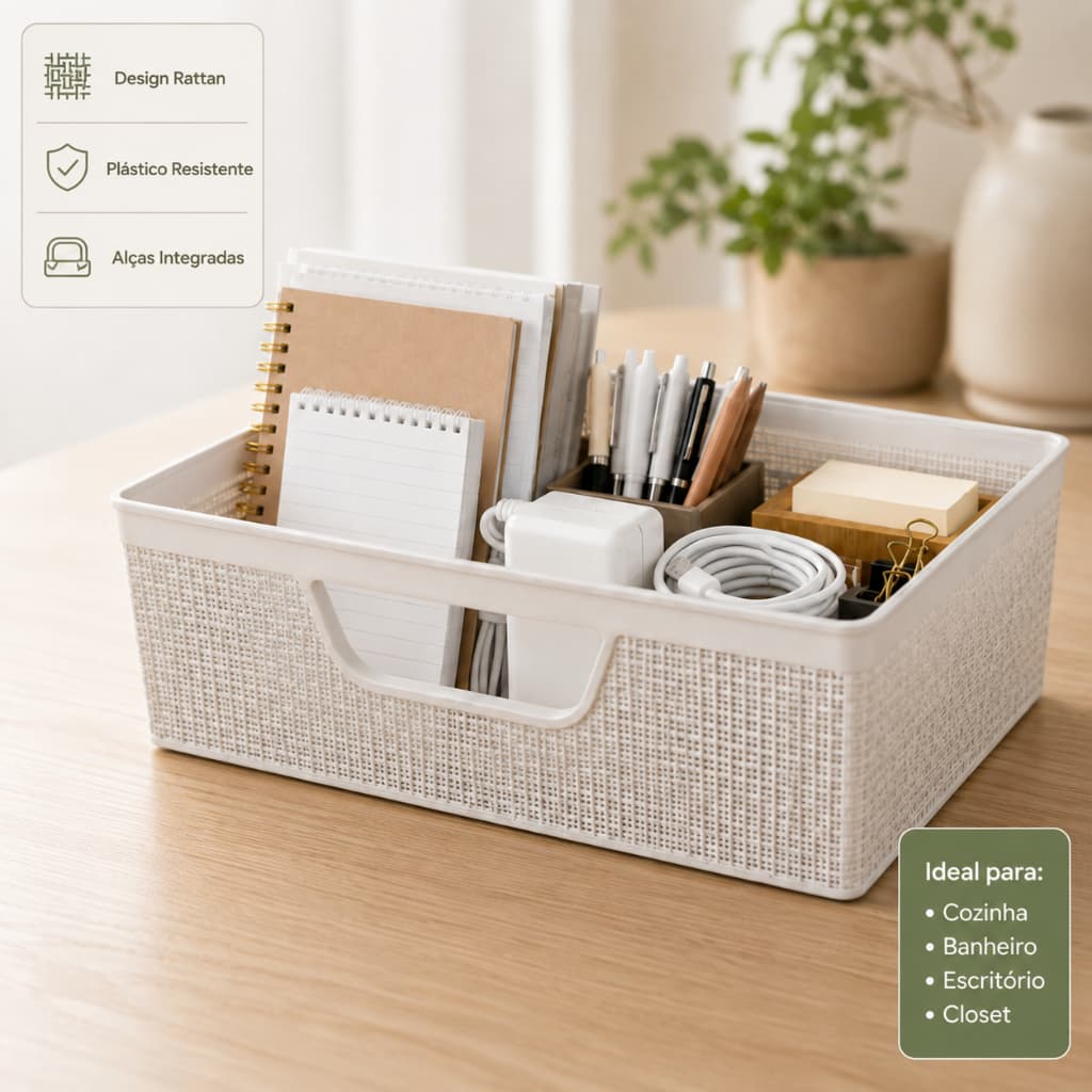 Cesto Organizador Rattan Multiuso Grande para Banheiro Cozinha Closet Lavanderia e Despensa
