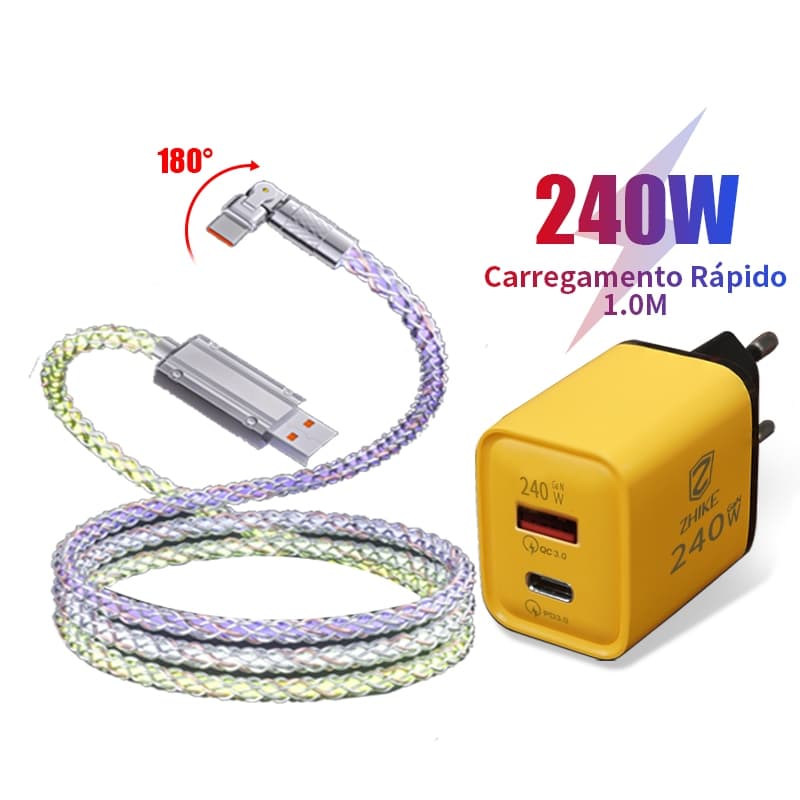 Carregador Celular Cabo Carregamento Rápido Tipo C V8 Rotação de 180° Colorido Streamer 1M Cabo com GaN Adaptador