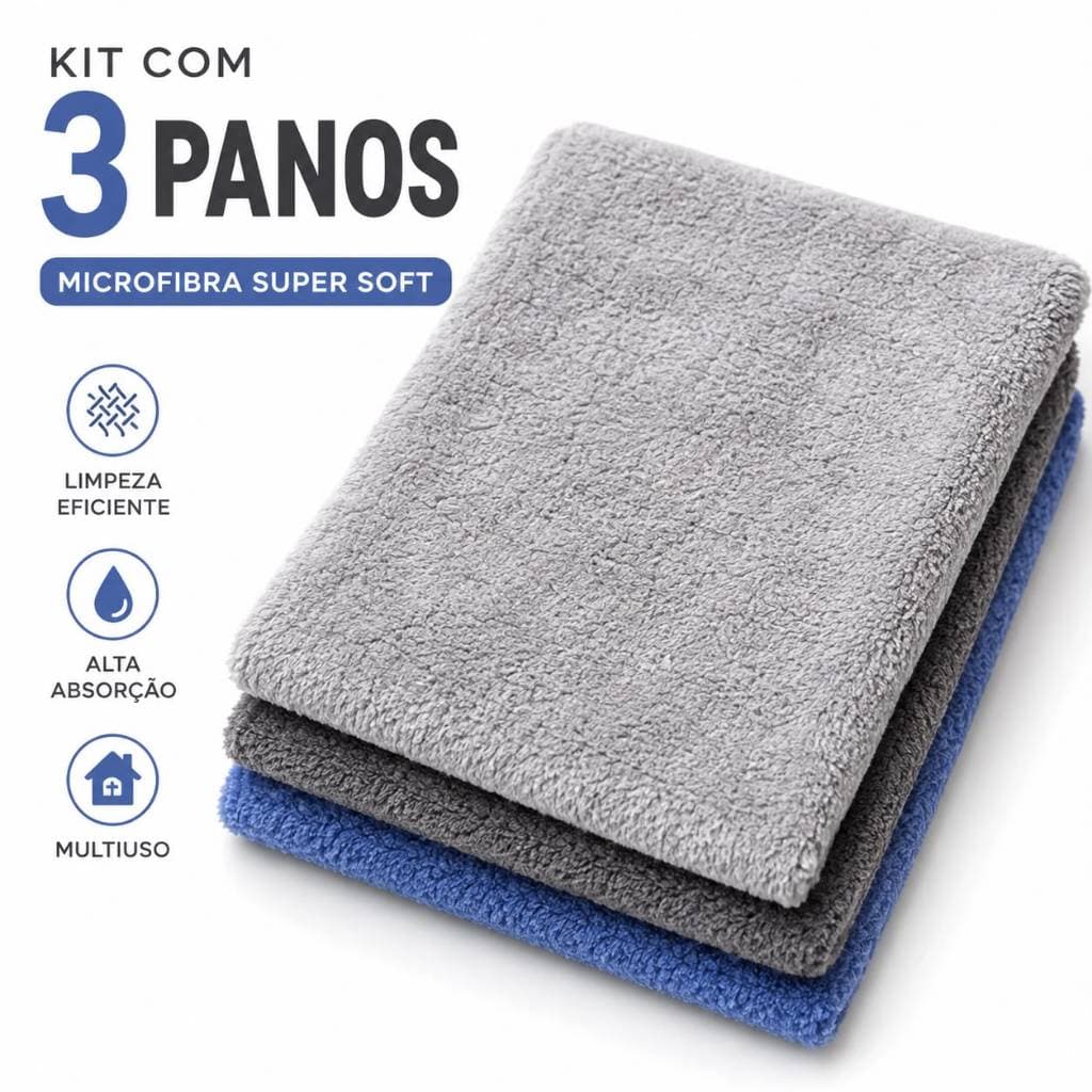 Kit 3 Panos Microfibra Multiuso Super Soft Limpeza Lavagem carro Detalhes Moveis