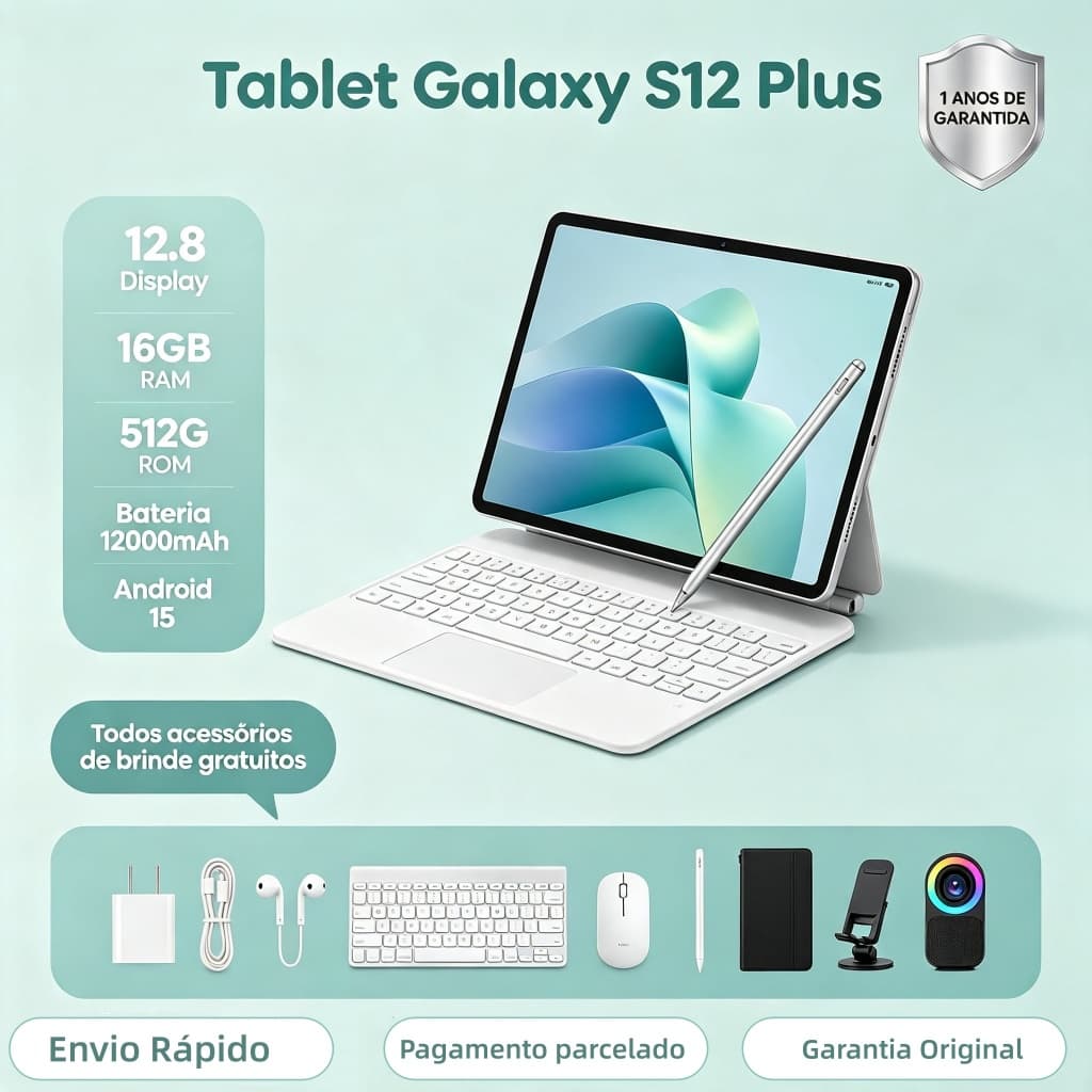 Tablet Galaxy S12 Plus 16 GB + 512 GB, 12,8 polegadas, HD, 12.000 mAh, Android 15, para estudos e trabalho parcelamento