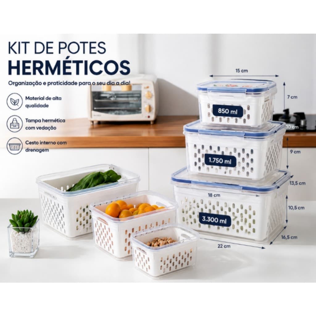 Kit 3 Potes Herméticos para Geladeira com Cesto Organizador Multiuso, Organizador de Alimentos para Geladeira e Cozinha