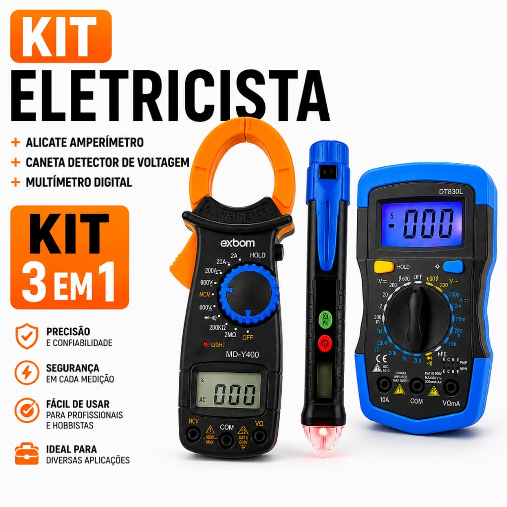 Kit Eletricista Profissional Multímetro Digital + Alicate Amperímetro + Caneta Detectora de Alta Tensão