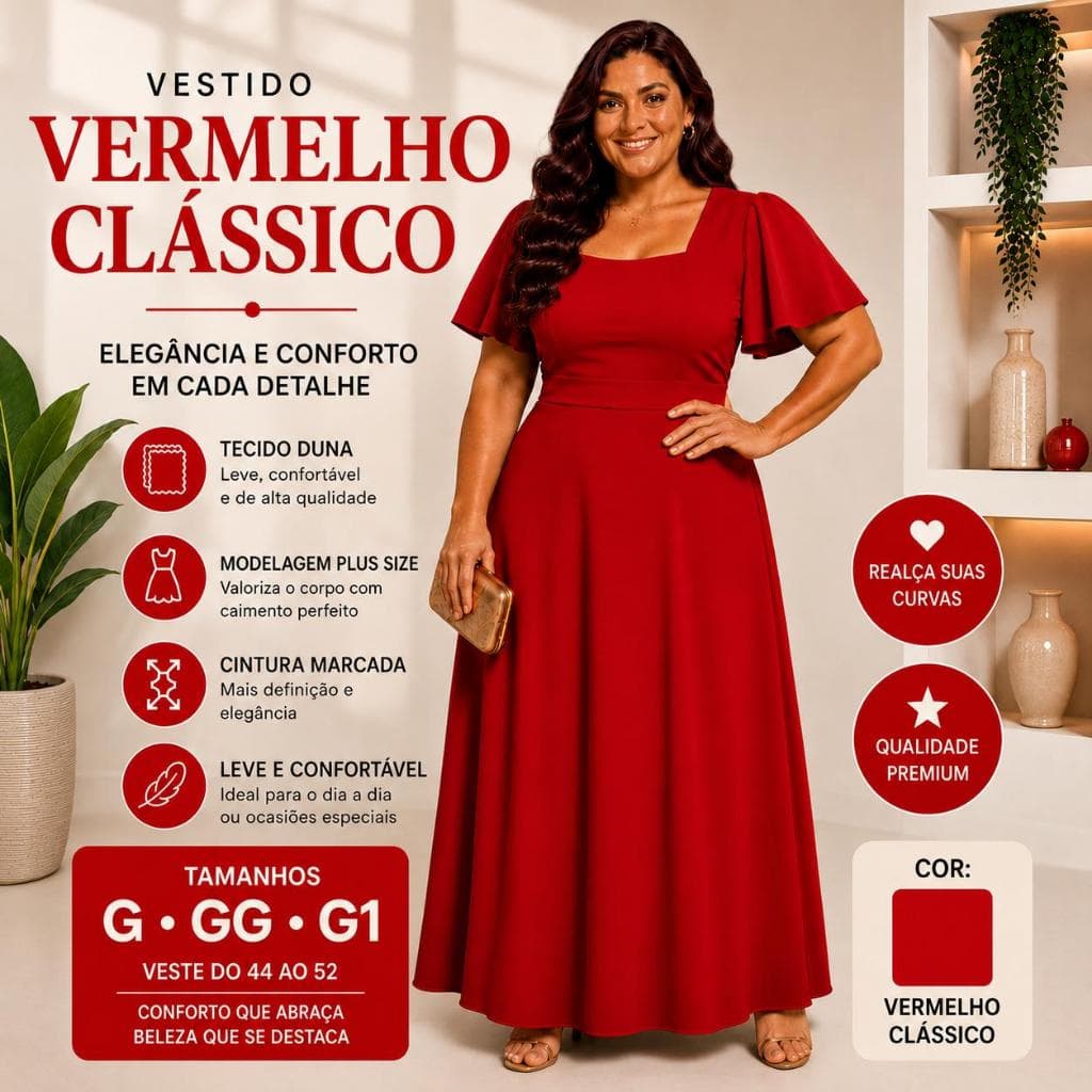 Vestido Longo Plus Size Feminino Elegante Manga Solta Decote Quadrado Tecido Duna Moda Evangelica Festa