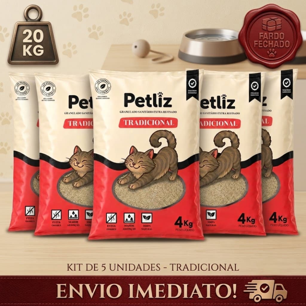 Kit 5 Areia Sanitária Higiênica para Gatos Granulado Fino Médio Tradicional - Petliz