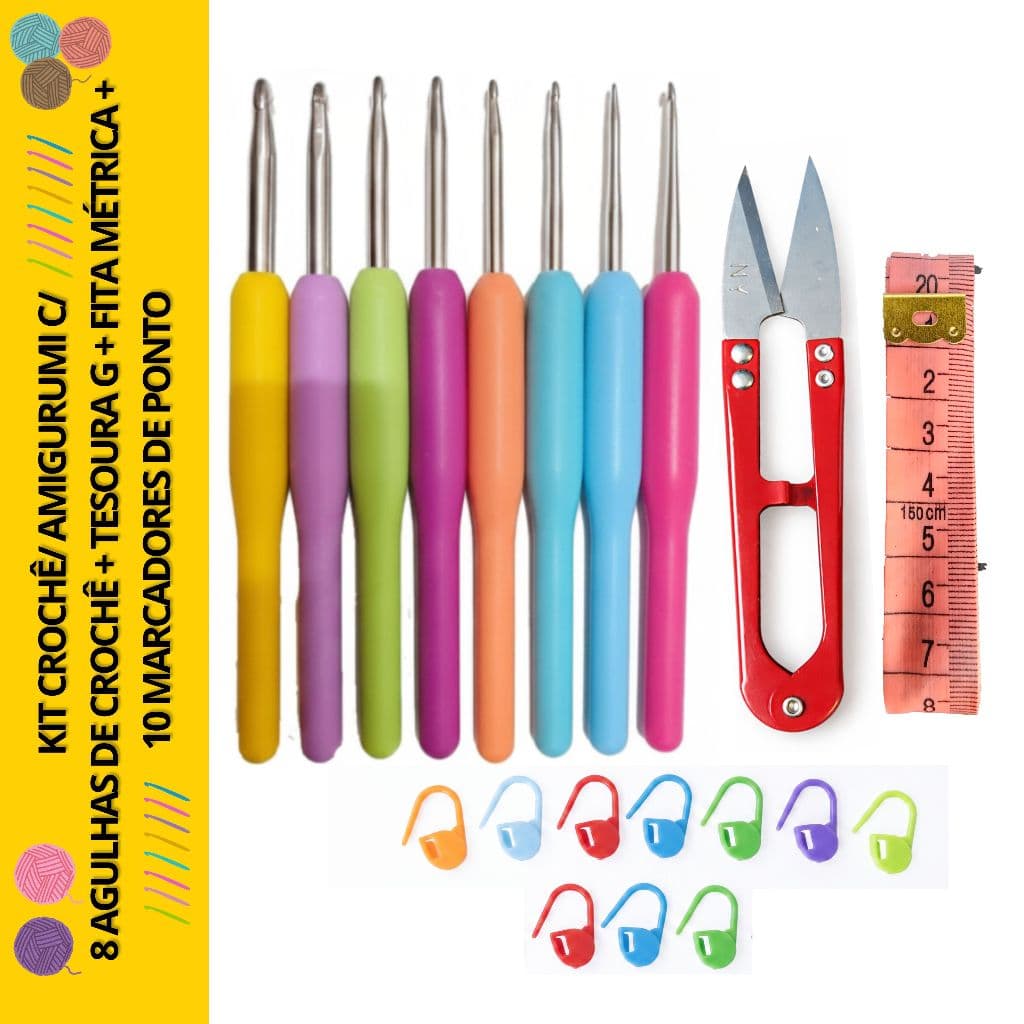 Kit Crochê / Amigurumi com 8 Agulhas de Crochê, Tesoura G, Fita, 10 Marcadores de Ponto Vermelho