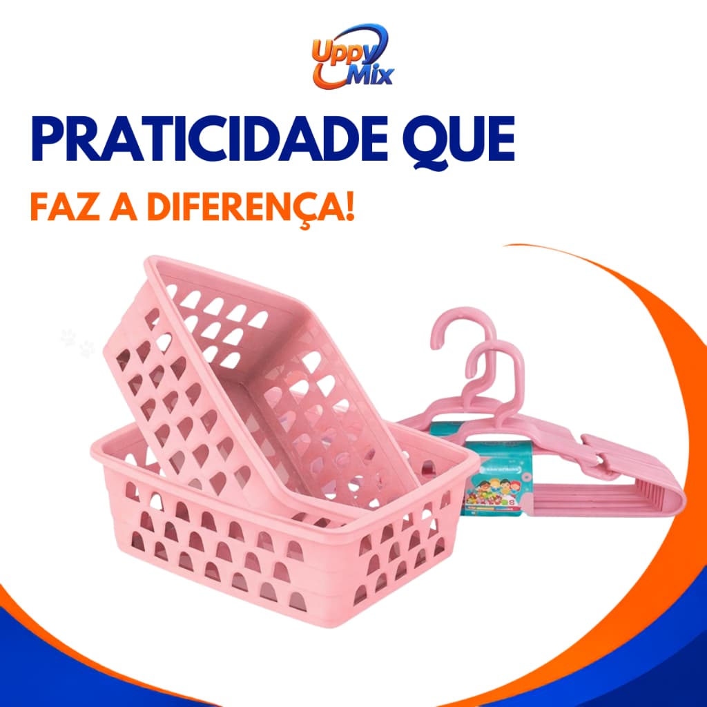 Kit 10 Cestinha Organizadora + 10 Cabides Infantil Rosa Multiuso Enxoval