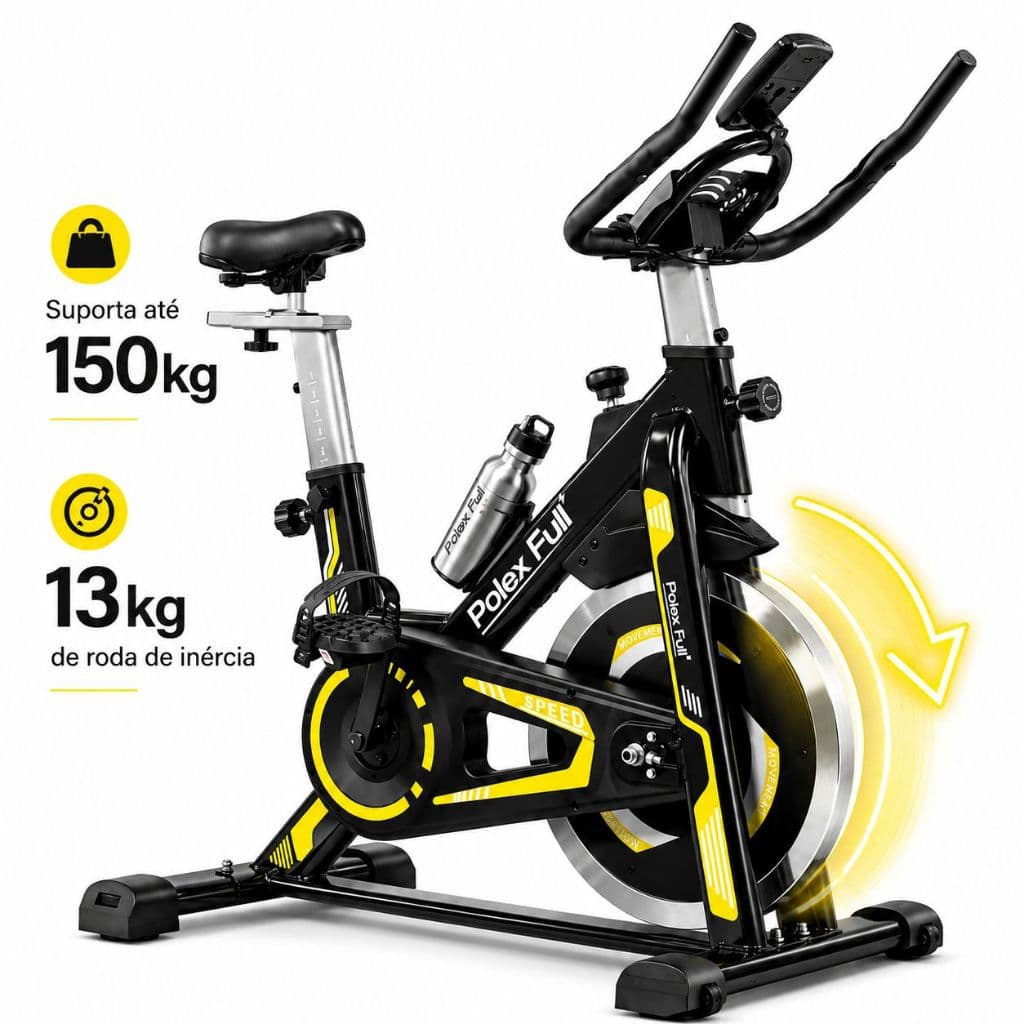 Bicicleta Ergométrica Spinning 13kg de Roda de Inércia - Monitor Digital - Suporta até 150kg - Polex Full