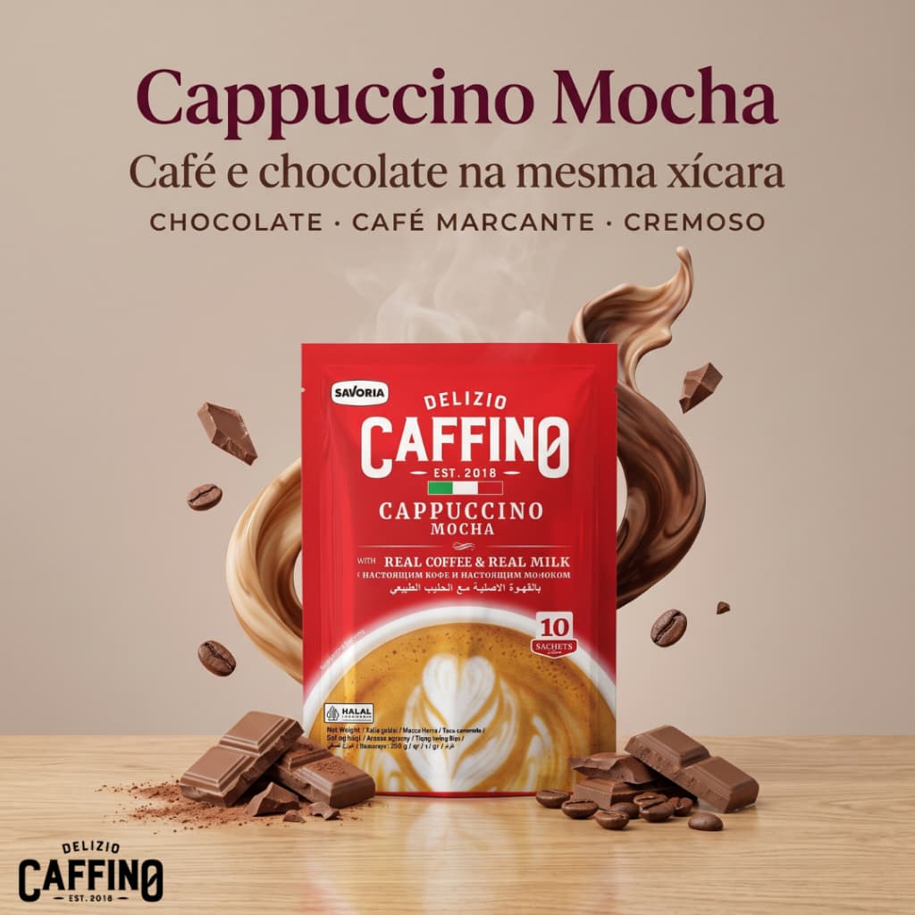 Cappuccino Cremoso Mocha 10 Sachês 200g Delizio Caffino Café e Chocolate Importado Real Milk