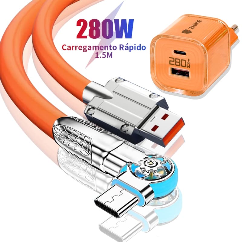 Cabo Celular Carregamento Rápido Carregador Tipo C 1,5M Rotação 180° Silicone Com Adaptador GaN