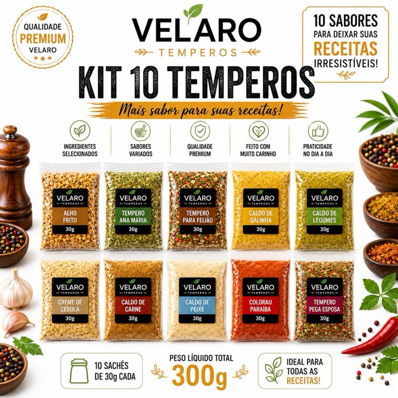 Temperos para Carnes e Frango | Kit com 10 Temperos Velaro 30g Cada 300g | Peixes, Feijão, Arroz e Receitas
