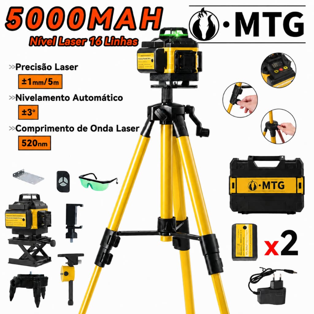 Nível a Laser Ajustável Medição da Linha Com 2 Baterias Kit Completo com Tripé Maleta e Óculos
