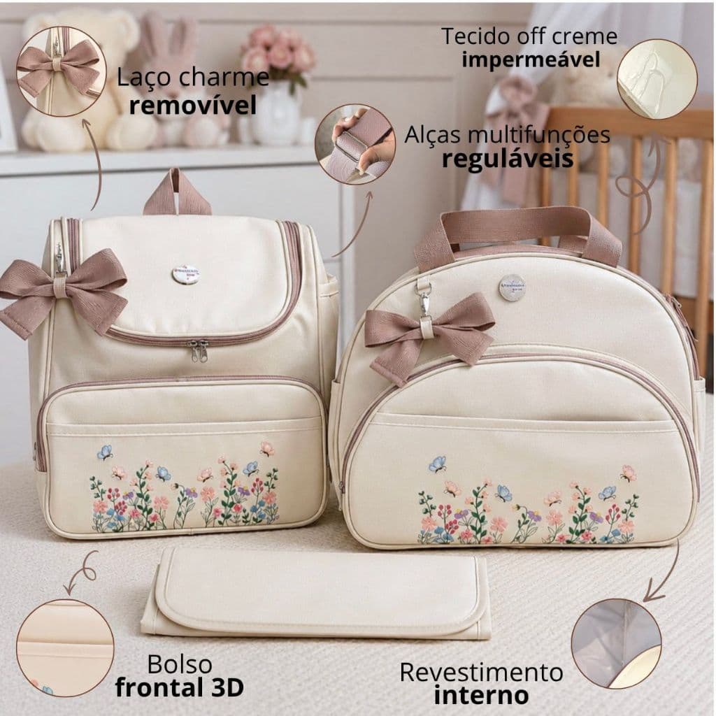 Kit Bolsa Maternidade Grande + Mochila de bebe + Trocador Impermeável Menina Floral Enxoval