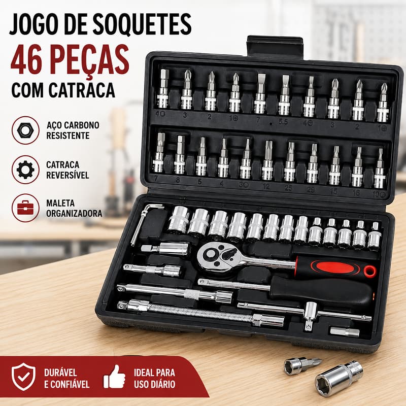 Kit Ferramentas 46 Peças Chave Catraca Soquetes Allen Torx Maleta Reparo Carro Casa