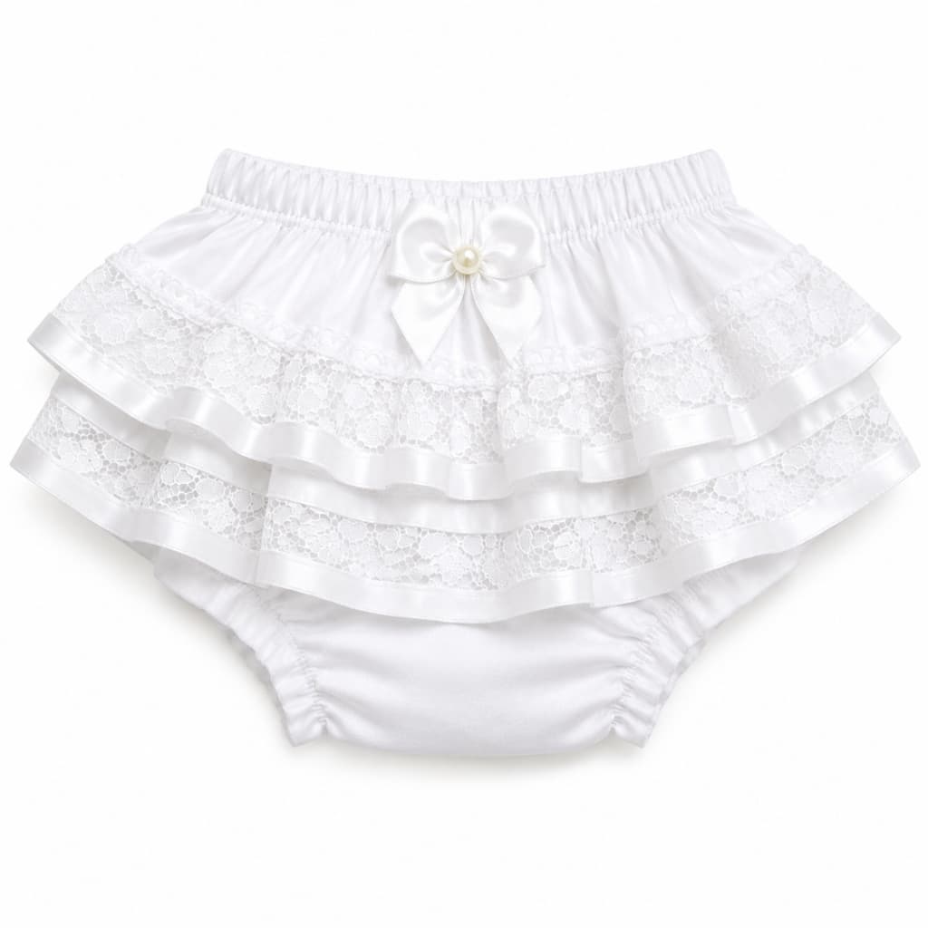 Calcinha Tapa Fralda Bunda Rica Cetim e Algodão Bebê Menina com Babado de Renda e Laço Infantil Rosa ou Branca