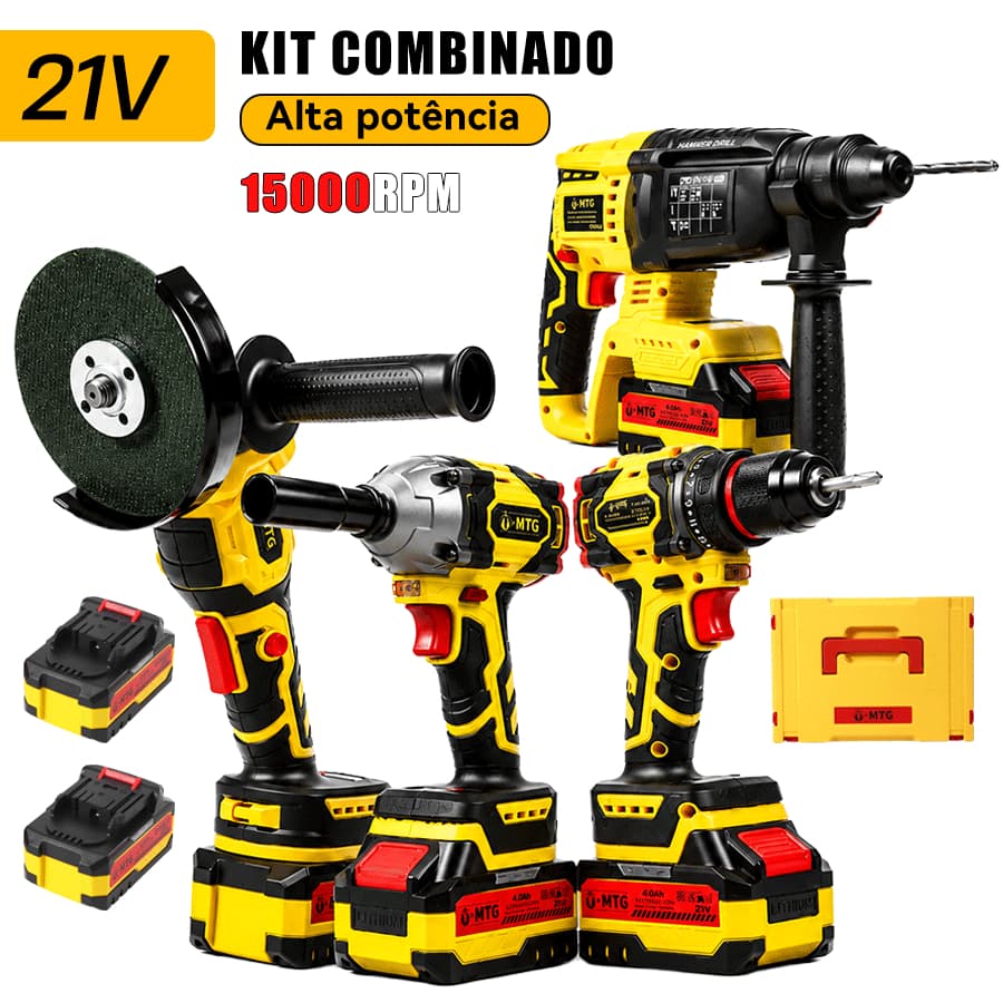 Kit Completo 4 em 1 Brushless Furadeira + Parafusadeira + Esmerilhadeira + Martelo  2 Baterias 1.5Ah