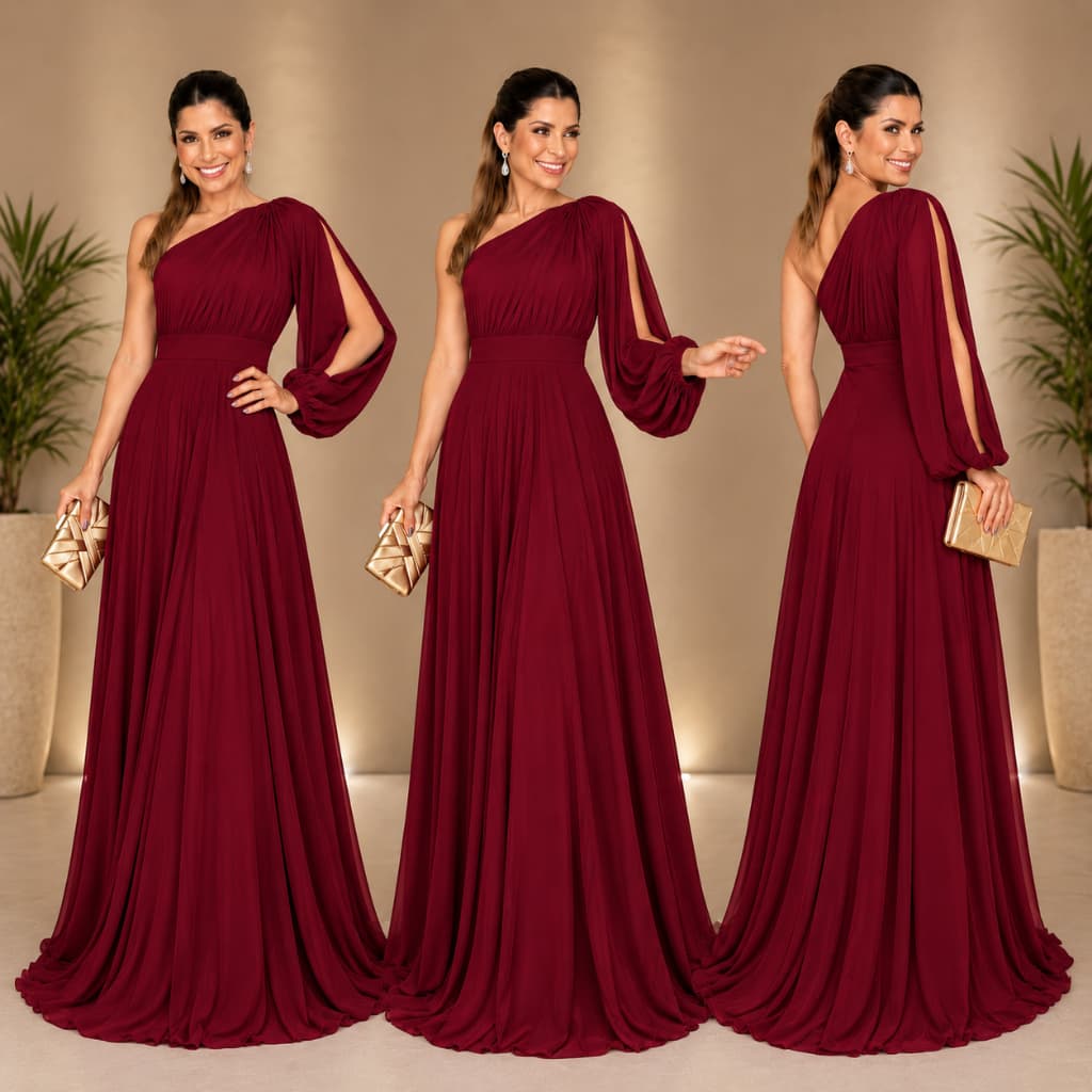 Cristina Anair Vestido Longo Madrinha Festa Casamento Formatura Um Ombro Só Manga Longa