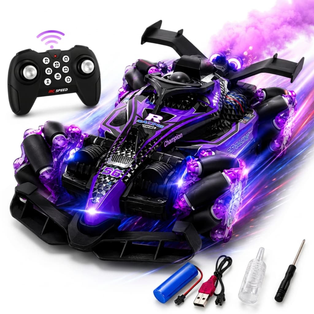Carrinho Controle Remoto Drift Solta Fumaça Spray Luz LED Anda de Lado 360 4x4 2.4GHz Recarregável Infantil