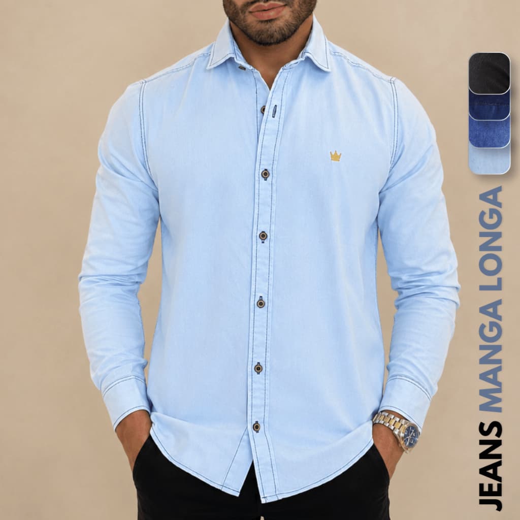 Camisa Jeans Masculina Manga Longa Estilo Social Botões Algodão Slim fit Premium