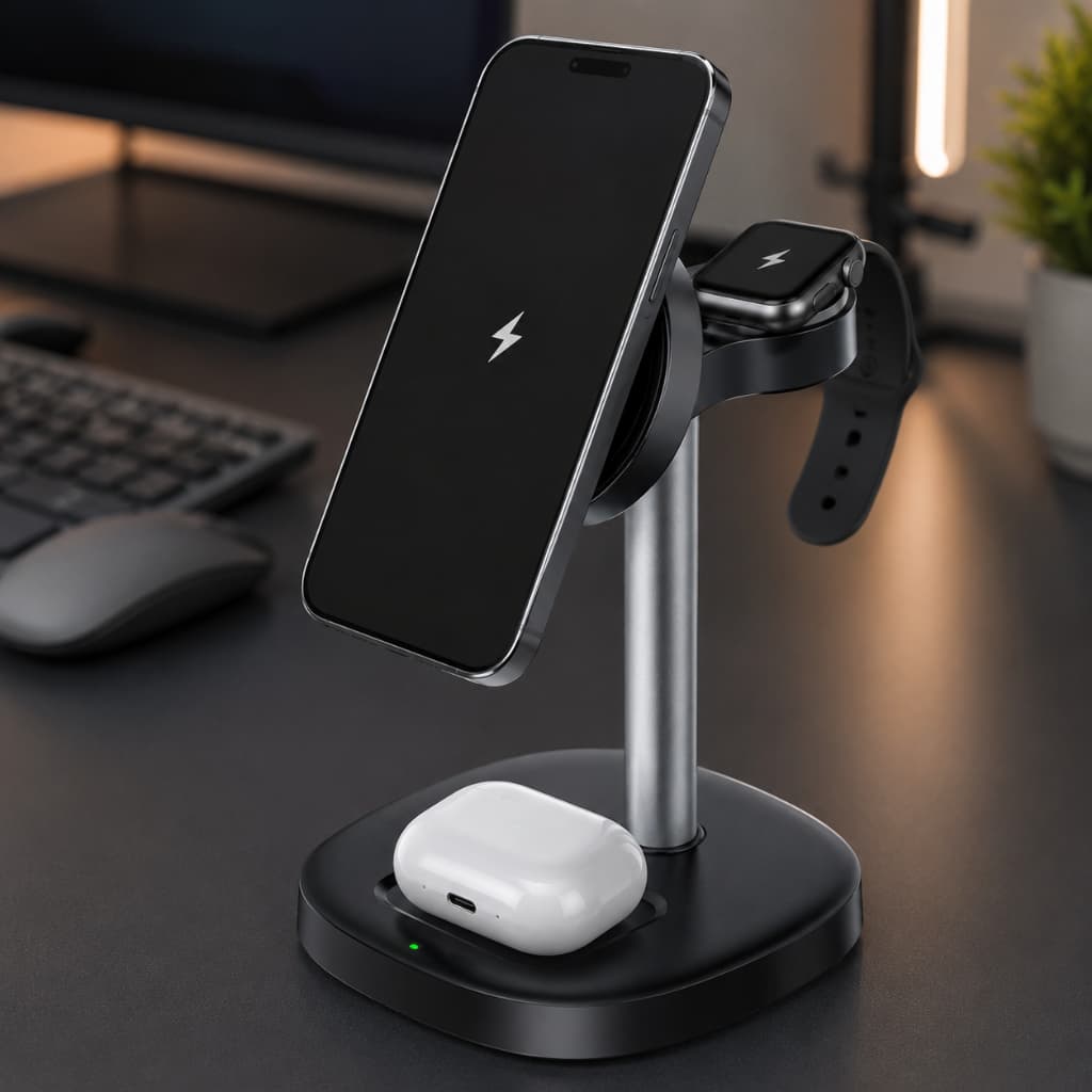 Carregador Sem Fio Magnético 3 Em 1 15W MagSafe Qi USB-C Para Celular Smartwatch Fone Rápido LED AITK ACW-2101