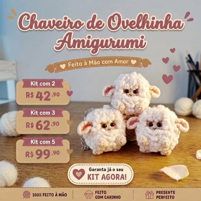 Chaveiro Amigurumi Ovelhinha em Crochê Artesanal Kit 2, 3 ou 5 Unidades