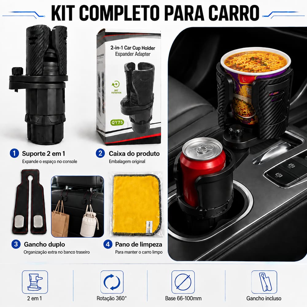 Kit3 Suporte Copo 2em1 Textura Fibra de Carbono 360° Giratório Suporte Duplo Garrafa Para Carro Caminhão