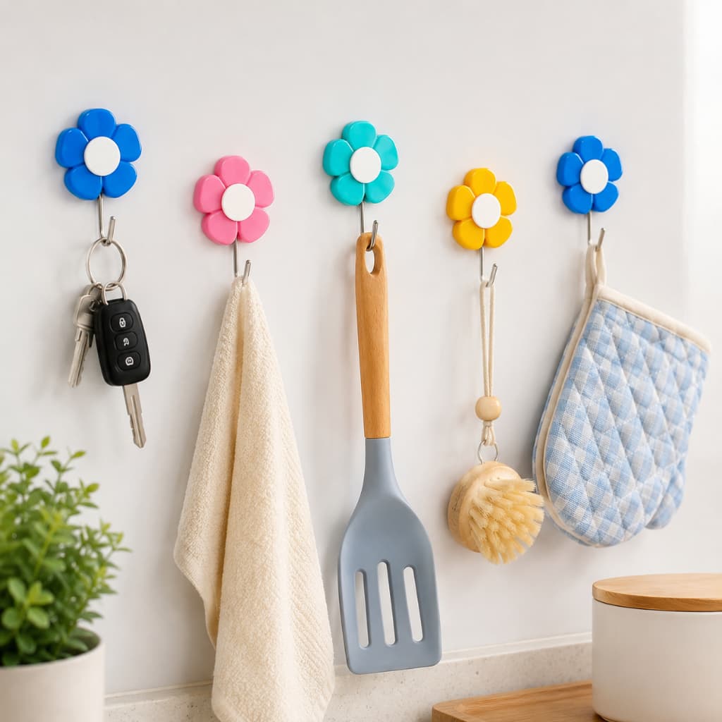 Kit 5 Mini Cabides Autoadesivos Flor Gancho Organizador Multiuso Parede Quarto Banheiro Cozinha