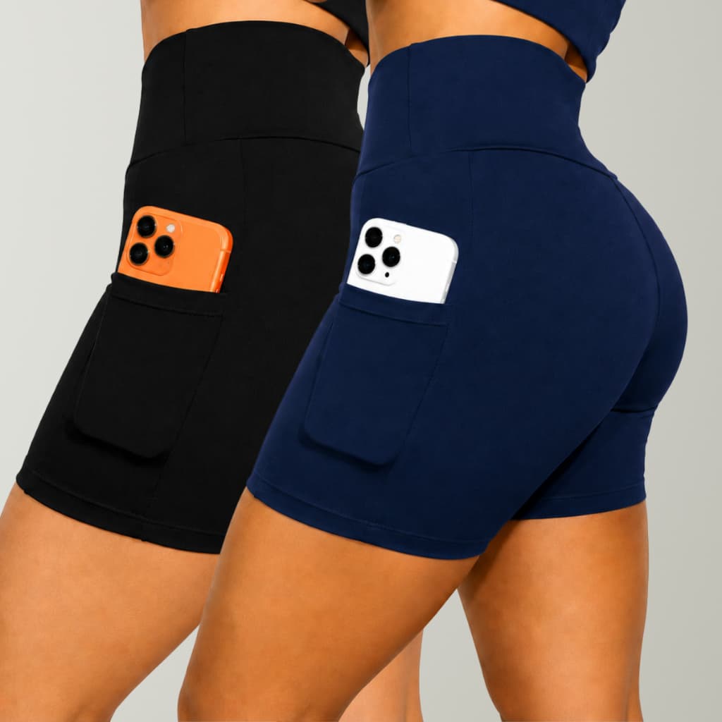 KIT 02 Shorts Feminino Fitness Suplex Bolso Lateral Cós Alto Alta Compressão Zero Transparência