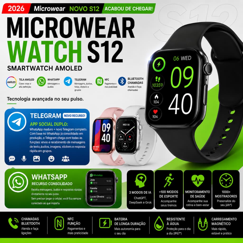 Smartwatch S12 Microwear Whatsapp Telegram NFC Série 21 Relógio Inteligente Amoled GPS 46mm