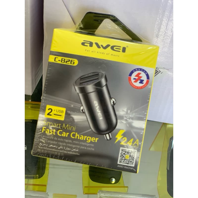 Carregador Veicular Awei C-826 Mini Turbo 2 Saulda USB 2.4A Original  (ou: Carregador de Carro Mini Awei C-826 Duplo USB