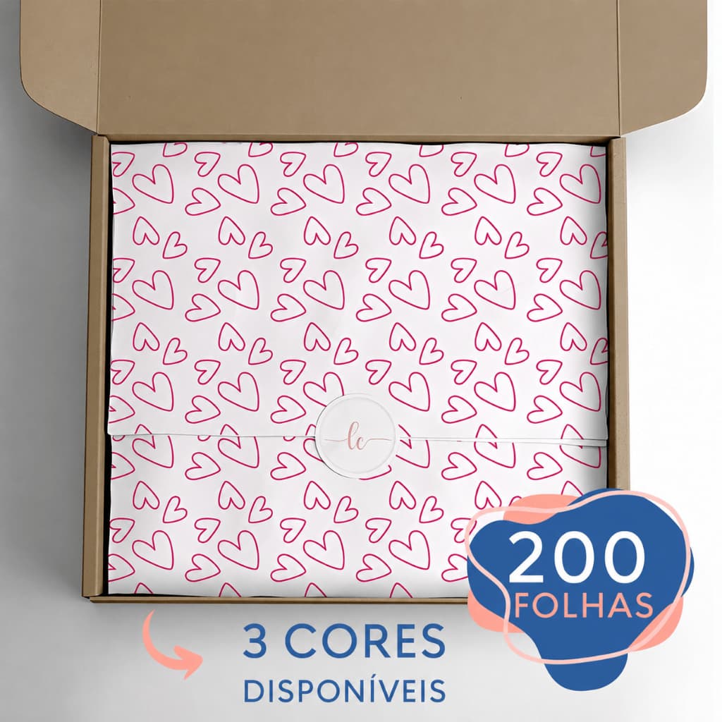 200 Folhas Papel De Seda Premium 30x70cm Estampado Coração em 3 Cores Disponíveis (Preto, Rosa ou Vermelho)