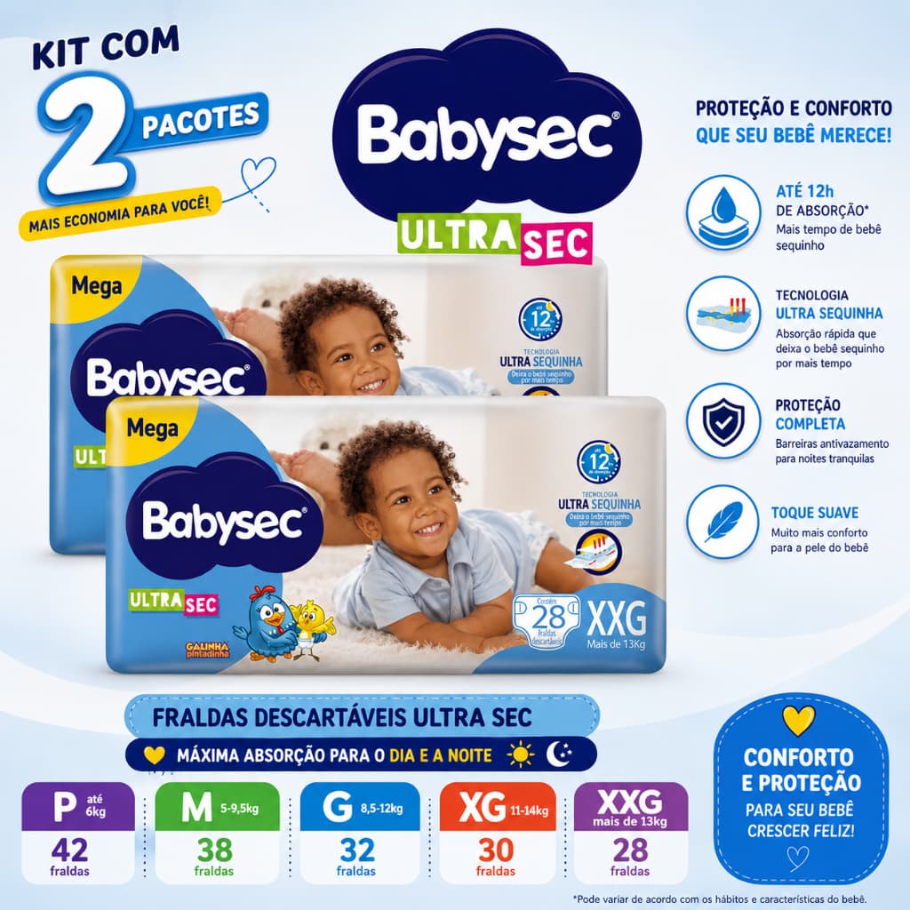 Kit 2 Pacotes de Fraldas Babysec Mega Todos os Tamanhos