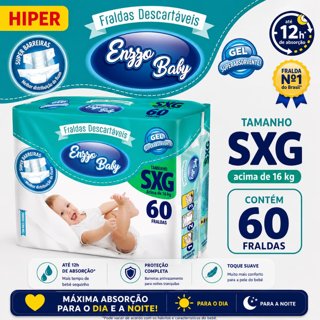 Fralda Enzzo Baby Tamanho XXG - Pacote Híper 60 Unidades - Alta Absorção
