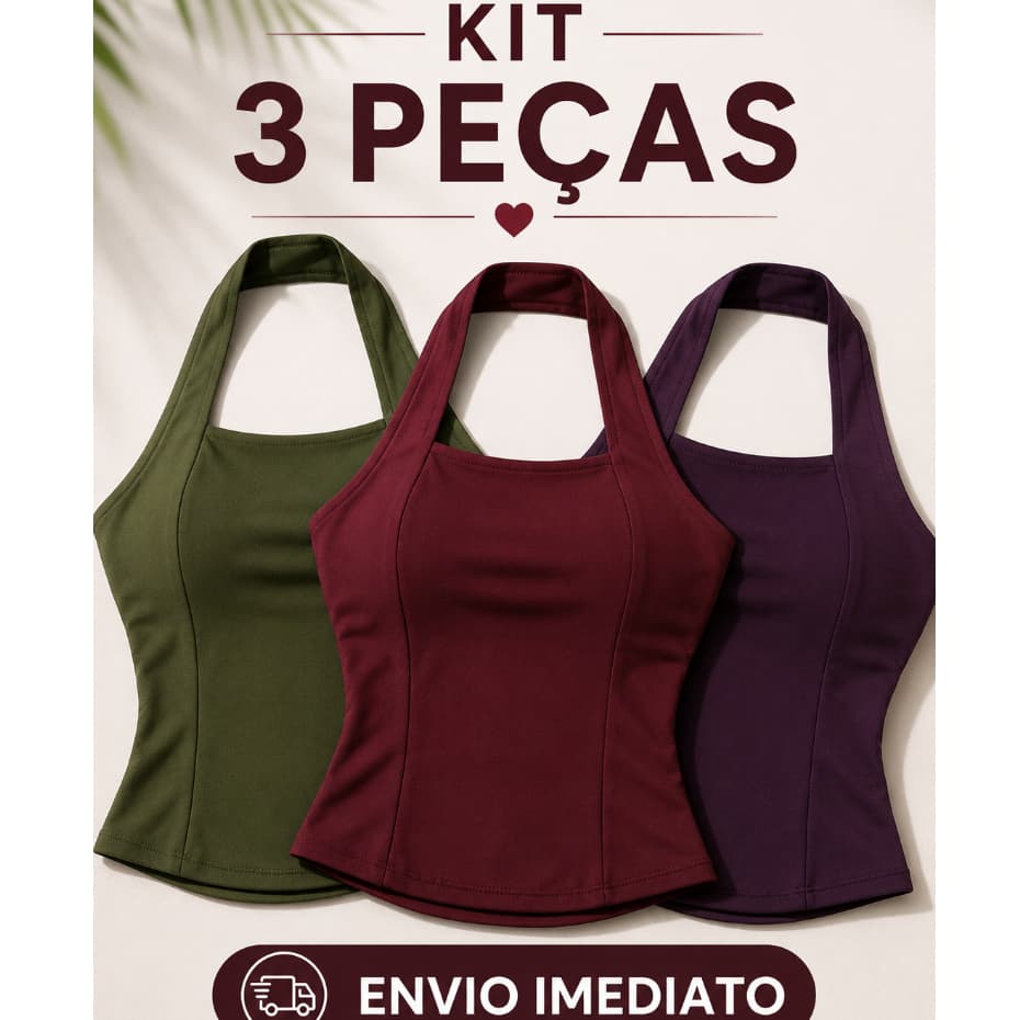 Kit 3 Blusa Feminina Halter Academia Frente Única Forrada Costas Nua Regata Verão Moda Casual