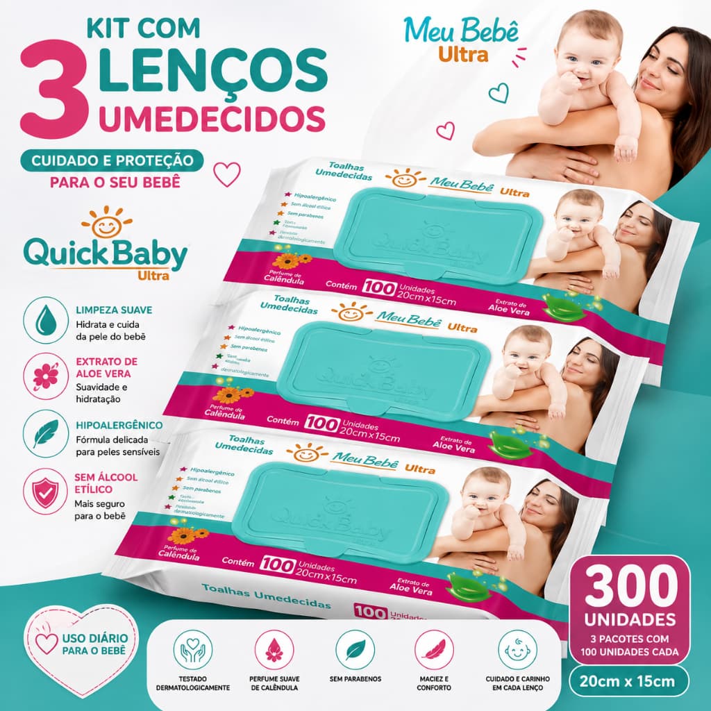 Kit com 3 Pacotes de Lenços Umedecidos Meu Bebê Ultra – 100 Unidades Cada